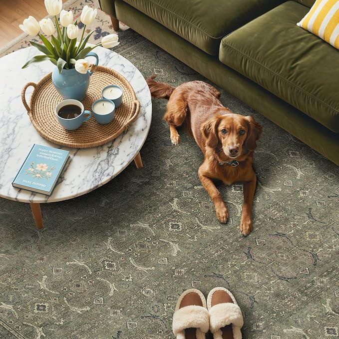 GENIMO 2x10 Runner Rugs for Hallway, Machine Washable Non Slip Vintage Rugs, Low Pile Lightweight Soft Print Rug for enrtyway, Corridor, Home Office, Kitchen, Muted Green