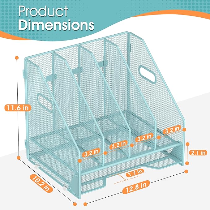 OrgMate Desk File Folder Holder Organizer-4 Vertical Compartments Racks and Paper Letter Tray,Mesh Magazine File Holder Sorter,Desktop Accessories & Workspace Organizers for Home,Office,School-Blue