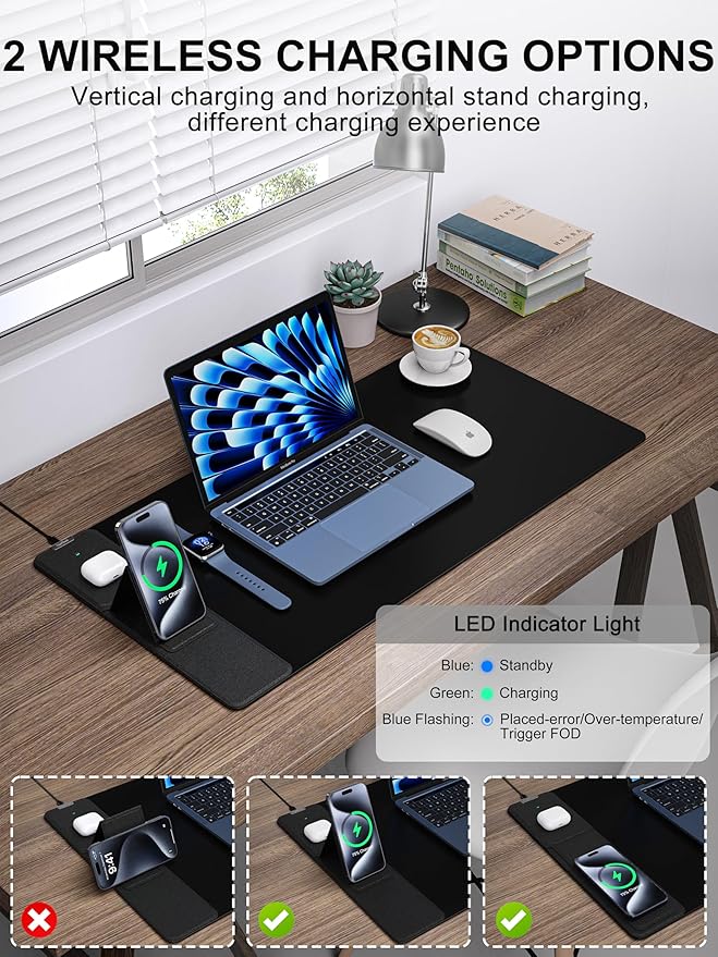 TopMade 4-in-1 Mouse Pad with 15W Wireless Charging, Foldable Phone Holder, 31.5" x 15.75" XXL Large Desk Pad, Gaming Mousepad with Ultra-Smooth Surface, Non-Slip Base, Waterproof Desk Mat, Black
