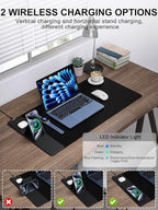 Wireless Charging Mouse Pad with Foldable Phone Holder, 31.5" x 15.8" XXL Large Desk Pad, Gaming Mousepad with Ultra-Smooth Surface, Non-Slip Base, Black Waterproof Desk Mat, with 20W PD Charging Kit