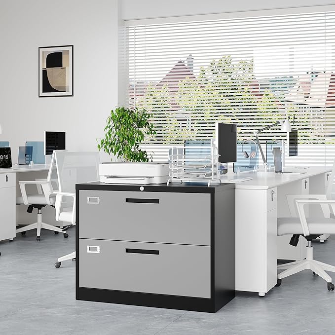 PEUKC 2 Drawer File Cabinet, Lateral Filing Cabinets for Home Office, Office Storage Drawers with Lock, Hanging Files Legal/Letter A4 Size (Assemble Required,Black Grey)