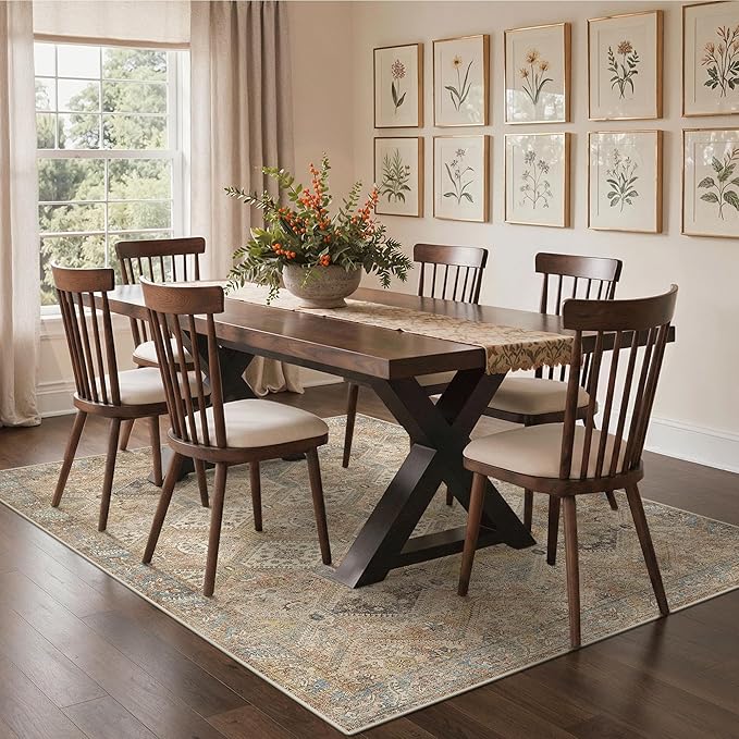 GENIMO 5x7 Area Rugs for Living Room, Machine Washable Non Slip Vintage Rugs, Low Pile Lightweight Print Rug for Bedroom, Dining Room, Home Office, Warm Brown