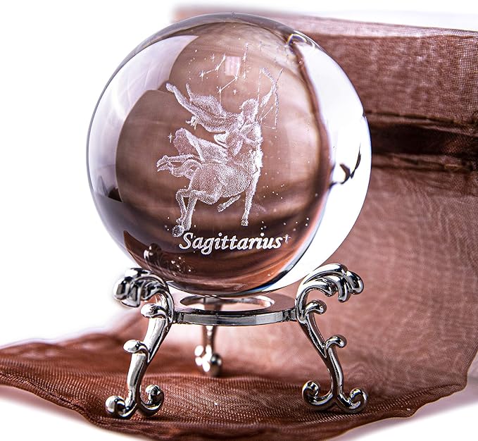 3D Laser Constellation Crytsal Ball Crystal Paperweight Full Sphere Glass Fengshui with Sliver-Plated Flowering Stand(Sagittarius)