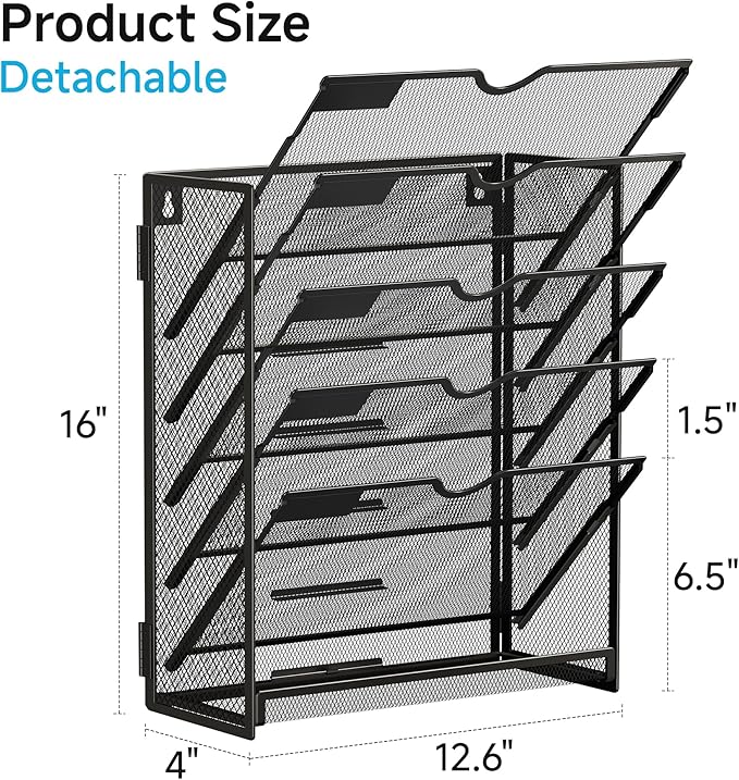 Lavatino 6-Tier Hanging File Organizer, Wall Mount File Holder for Mails Folders Papers Magazine Organization, Vertical Document Organizer for Office Home - Black