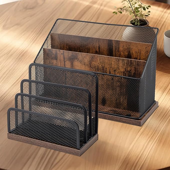ASIFMTHOT 3-Tier Vertical File Storage with Retro Wooden Desk Mail Organizer and Metal Mesh Desktop Organizer for Home Office