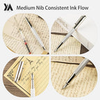 YICMY Fancy Fountain Pen Set – Fine & Medium Nibs, Includes 18 Ink Cartridges, Ink Converter, Syringe Filler, Luxury Gift for Writing, Journaling & Calligraphy，Silvery