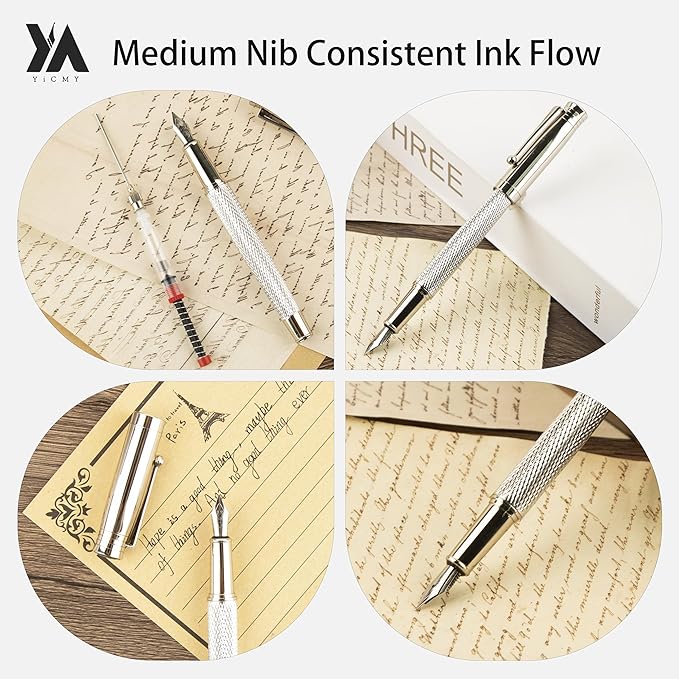 YICMY Fancy Fountain Pen Set – Fine & Medium Nibs, Includes 18 Ink Cartridges, Ink Converter, Syringe Filler, Luxury Gift for Writing, Journaling & Calligraphy，Silvery