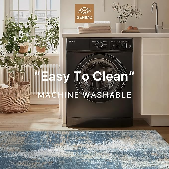 GENIMO Washable Area Rugs for Living Room, 8x10 Modern Non Slip Rugs, Low Pile Lightweight Soft Print Rug for Bedroom, Dining Room, Home Office, Washed Mist Blue