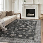 GENIMO 5x7 Area Rugs for Living Room, Machine Washable Non Slip Vintage Retro Rugs, Low Pile Lightweight Chenille Print Rug for Bedroom, Dining Room, Home Office, Charcoal