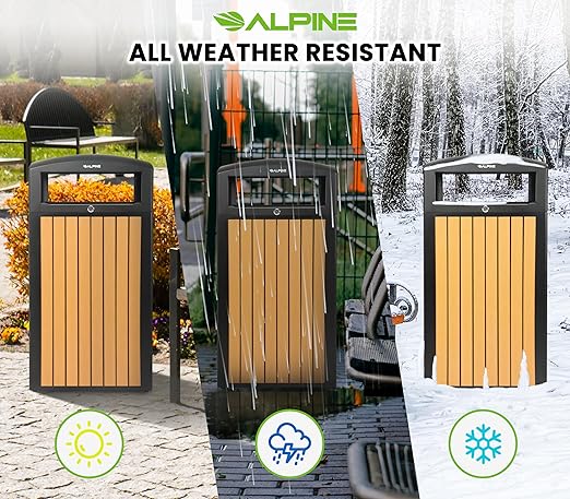 Alpine 40 Gallon Commercial Outdoor Trash Can with Lid - Modern Heavy Duty Large Outdoor Garbage Can with Durable Plastic Bin, Slatted Recycled Plastic Panels for Parks, Trails & Resorts (CD)