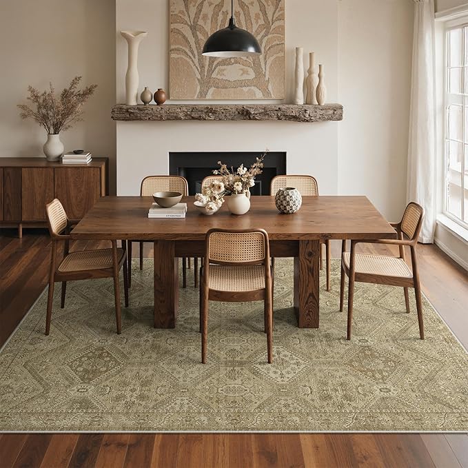 GENIMO 9x12 Area Rugs for Living Room, Machine Washable Non Slip Vintage Rugs, Low Pile Lightweight Print Rug for Bedroom, Dining Room, Home Office, Tan Brown