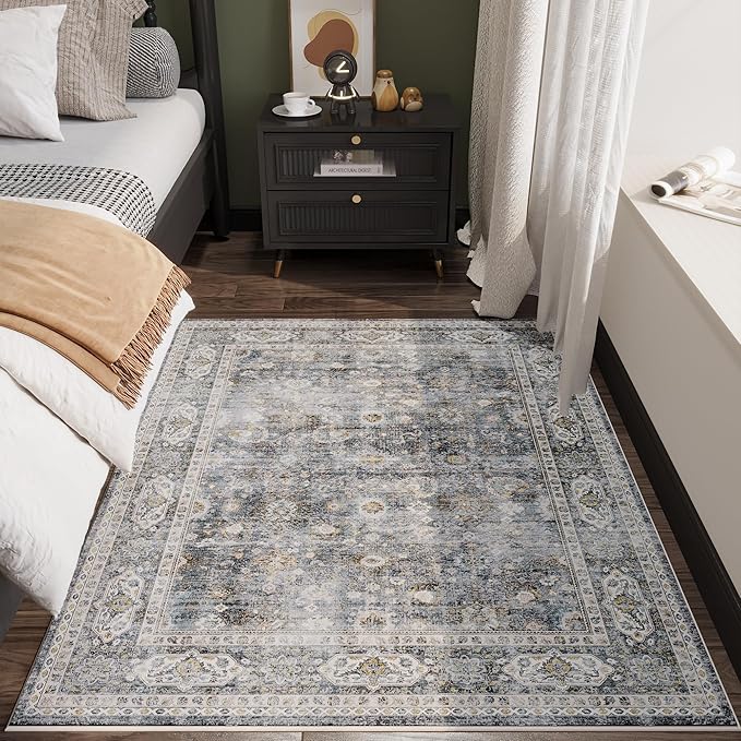 Rugcomf Bedroom Rug 3x5 Rug Washable Area Rug Non Slip Low Pile Small Carpet for Bedroom, Bedside, Kitchen, Entryway, Kids Room, Office, College Dorm Essentials for Girls(Grey)