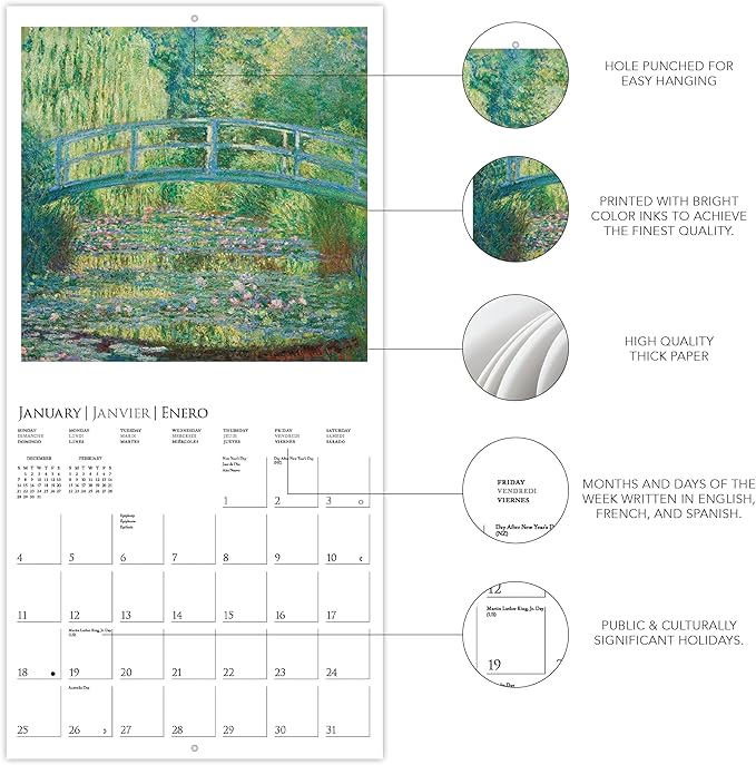 Graphique 2026 Monet Mini Wall Calendar | 7” x 7” | Thick Paper | Home & Office Organizer | Large Monthly Grid | 3 Languages & Marked Holidays | 4 Month Preview Page for 2027