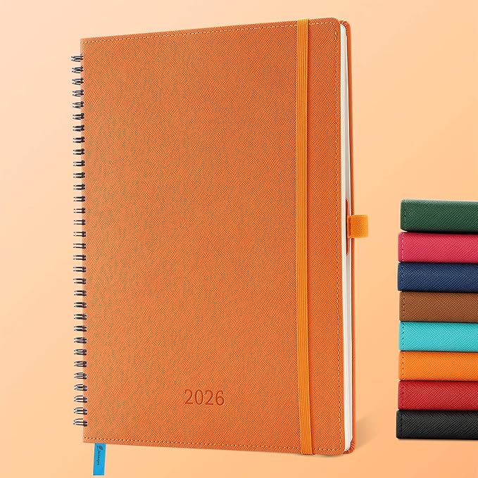 IN-LUXPRO Planner 2026 Daily Weekly and Monthly,11.5"x8.5",12 Months Spiral Bound Calendar Agenda with Self-adhesive Pen Holder,2026 Appointment Book with Vegan Leather Soft Cover,Orange