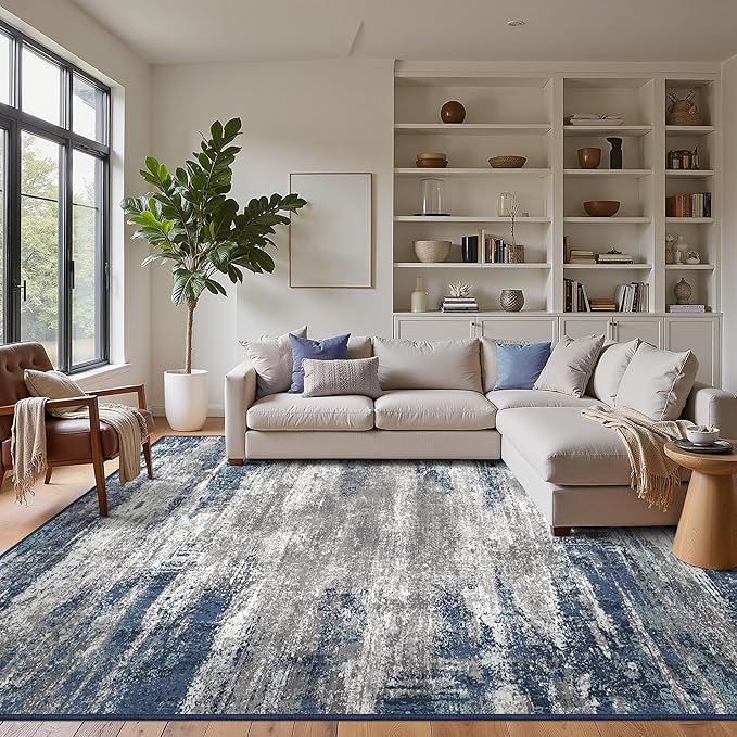 GENIMO Area Rugs 10x14 Machine Washable Rug for Living Room, Non Slip Indoor Modern Rug, Low Pile Lightweight Print Carpet for Bedroom Dining Room Home Office, Blue Ivory