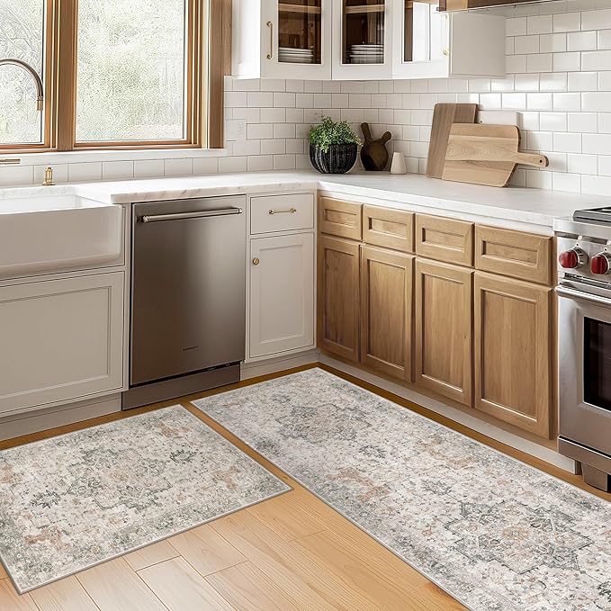 GENIMO Runner Rug 2PCs, Machine Washable Non Slip Vintage Hallway Runner Rug 17.3"x47"+17.3"x30", Low Pile Lightweight Rugs for Indoor Entryway, Hallway, Kitchen and Corridor, Light Taupe Brown