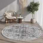 Rugcomf Round Rug 4ft Washable Circle Rug Non Slip Low Pile Boho Small Circular Rug for Bedroom, Bathroom, Entryway, Kids Room, Office, College Dorm(Grey)