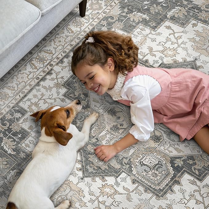 GENIMO 5x7 Area Rugs for Living Room, Machine Washable Non Slip Vintage Rugs, Low Pile Lightweight Chenille Print Rug for Bedroom, Dining Room, Home Office, Heathered Grey