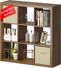 Bookshelf with Storage Bins, 9-Cube Storage Organizer Sturdy Wooden Bookcase Open Book Shelf, Multifunctional Cubicle Rack for Storage & Display, Furniture for Living Room Bedroom Office, Classic Oak