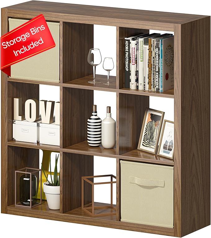 Bookshelf with Storage Bins, 9-Cube Storage Organizer Sturdy Wooden Bookcase Open Book Shelf, Multifunctional Cubicle Rack for Storage & Display, Furniture for Living Room Bedroom Office, Classic Oak