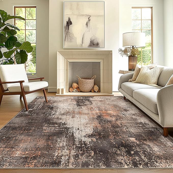 GENIMO Washable Area Rugs for Living Room, 9x12 Vintage Non Slip Rugs, Low Pile Lightweight Soft Print Rug for Bedroom, Dining Room, Home Office, Brown Orange