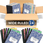 EPI 24 Pack Wide Ruled Composition Notebook Assorted Marble Colors - 200 Pages (100 Sheets), 9-3/4 x 7-½ - Classroom Back to School Supplies, Heavy Duty, Durable Hardcover Office Notebooks, Sewn