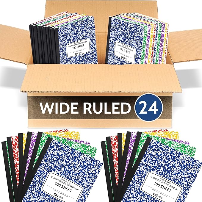 EPI 24 Pack Wide Ruled Composition Notebook Assorted Marble Colors - 200 Pages (100 Sheets), 9-3/4 x 7-½ - Classroom Back to School Supplies, Heavy Duty, Durable Hardcover Office Notebooks, Sewn