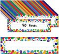 40PCS Desk Nameplates, Confetti Desk Name Tags with Double Sided PET Film Student Name Labels Erasable & Reusable Traditional Manuscript Name Plates for School Classroom Organization (10” x 2.8”)