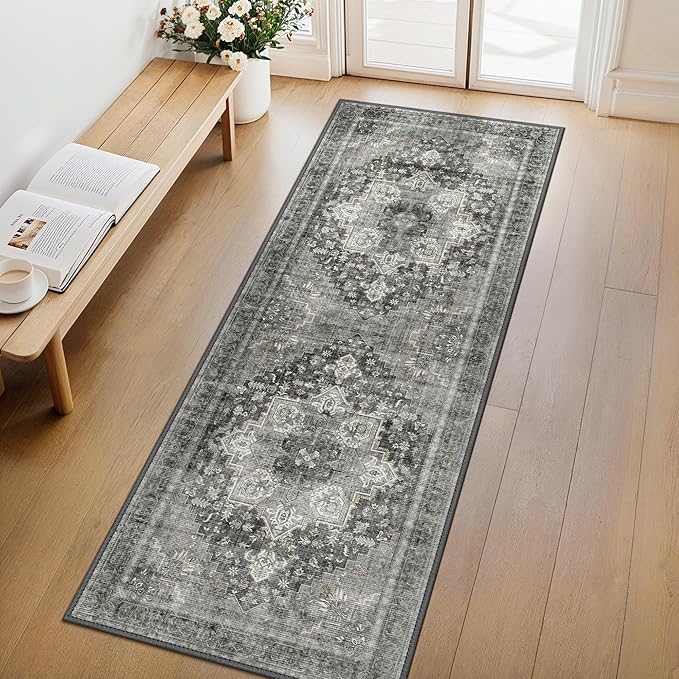 GENIMO 2'6"x8 Runner Rugs for Hallway, Machine Washable Non Slip Vintage Rugs, Low Pile Lightweight Soft Print Rug for enrtyway, Corridor, Home Office, Kitchen, Charcoal Gray