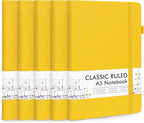 5 Pack Journal Notebook Bulk for School, Feela Hardcover Business Notebooks Classic Ruled Lined Journals with Pen Holder for Work Note Taking, with 5 Black Pens, 120 GSM, 5.1”x8.3”, A5, Yellow