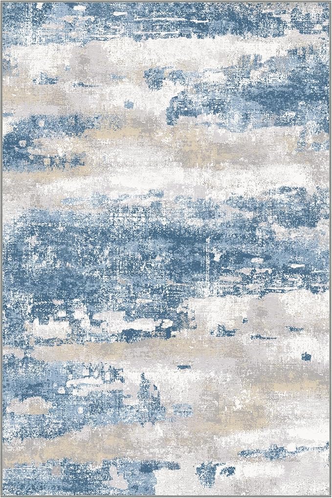 GENIMO No Crease Non Slip 8x10 Area Rugs for Living Room, Craft Woven Modern Abstract Rug, Soft Floor Carpet, Single-Piece Rugs for Bedroom, Dining Room, Office, Blue