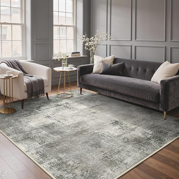 GENIMO 8x10 Area Rugs for Living Room, Machine Washable Non Slip Rugs, Low Pile Lightweight Vintage Print Rug for Bedroom, Dining Room, Home Office, Distressed Grey