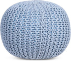 BIRDROCK HOME Round Pouf Ottoman | Cotton Braided Foot Stool with Bean Bag Filling | Boho Foot Rest for Living Room & Bedroom | Compact & Comfortable Seating, Lightweight & Soft | Soft Blue