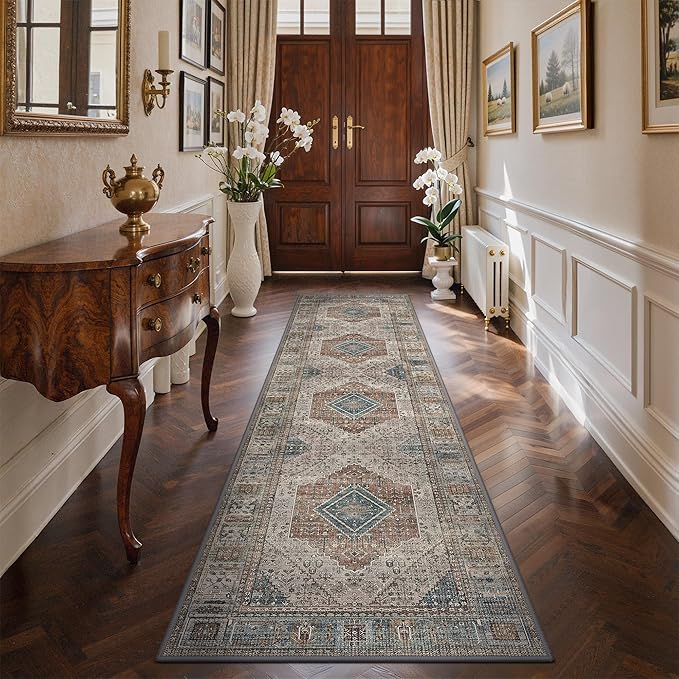 GENIMO Runner Rug 2x10 Non Slip Machine Washable Hallway Runner Rug, Low Pile Lightweight Vintage Rugs for Entryway, Hallway, Kitchen and Corridor, Geometry Sepia/Blue