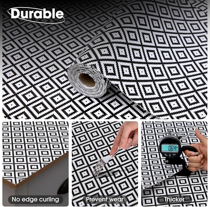 ALIUNI Drawer and Shelf Liner, Non-Slip Kitchen Cabinet Liners Non-Adhesive Thick Strong Grip Waterproof Washable Mats Protect Dresser Shelves Cupboard Bathroom Cabinets, Black & White, 24 in X 10 FT