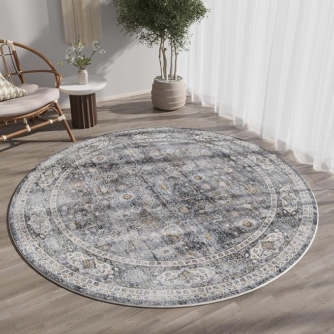 Rugcomf Round Rug 4ft Washable Circle Rug Non Slip Low Pile Boho Small Circular Rug for Bedroom, Bathroom, Entryway, Kids Room, Office, College Dorm(Grey)