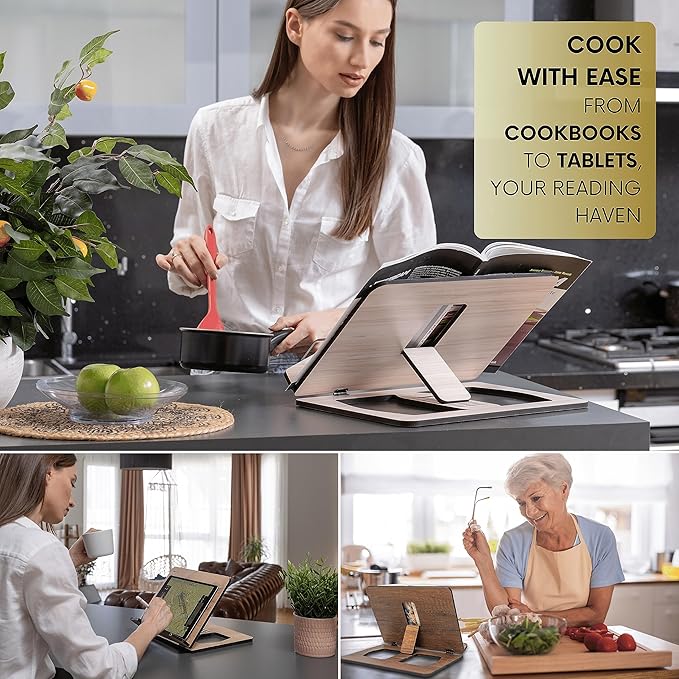Vigo Wood Book Stand, Book Holder, Reading Stand, Cookbook Holder, Recipe Book Stand, Wooden Book Stands for Reading, Cookbook Stand for Kitchen, Book Holder for Reading in Bed (Oak)