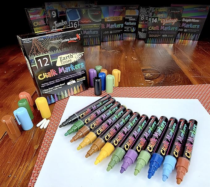12 Earth Tone Chalk Markers Double Pack of Both Fine and Reversible Medium Tip Liquid Chalk Pens Wet Erasable - Menu Boards, Glass, Windows, White Boards, Classrooms, Mirrors, Plastic, Metal