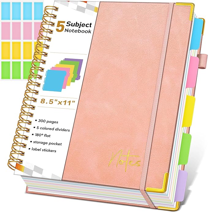 Spiral Notebook Journal with Removable Dividers Tabs, 300 Pages Hardcover Leather 5 Subject College Ruled Notebook, 8.5"x11" Large A4 Lined Journal for Women Men, Spiral Notebook for Work School, Pink