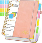 Spiral Notebook Journal with Removable Dividers Tabs, 300 Pages Hardcover Leather 5 Subject College Ruled Notebook, 8.5"x11" Large A4 Lined Journal for Women Men, Spiral Notebook for Work School, Pink