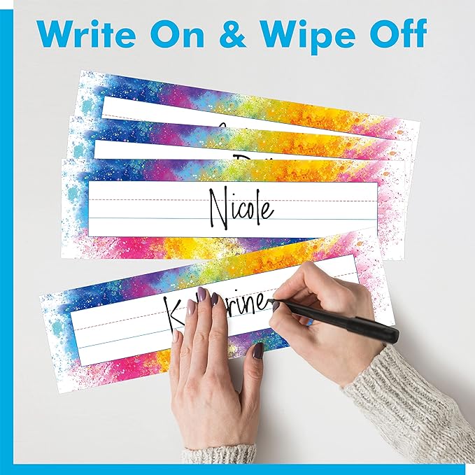 40PCS Desk Nameplates, Double Sided PET Film Desk Name Tags Student Name Labels Erasable & Reusable Traditional Manuscript Name Plates for School Classroom Organization (10” x 2.8”, Watercolor)