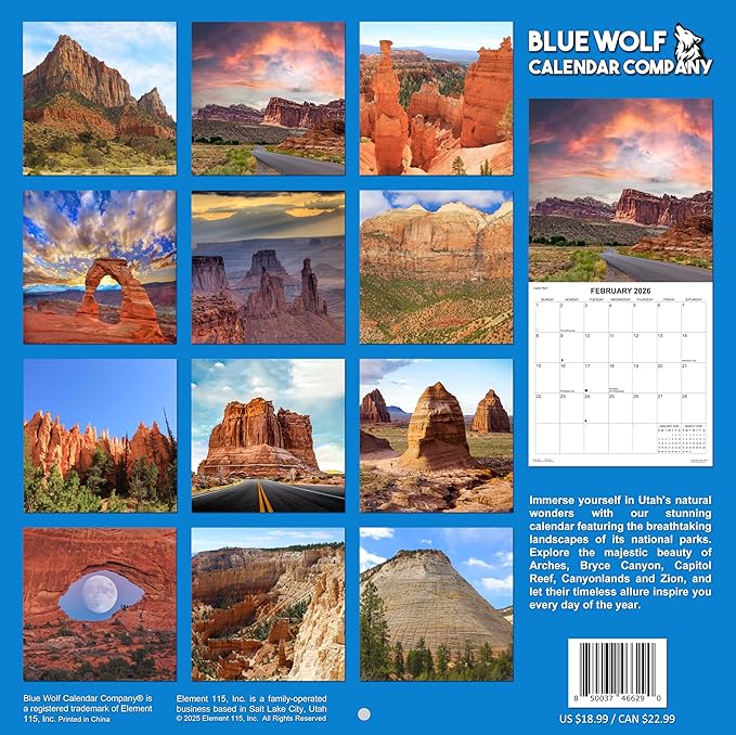 2026 Utah National Parks Monthly Wall Calendar | Travel Calendar 2025-2026
