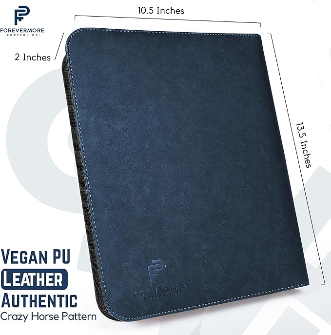 Forevermore Portfolios Padfolio Binder - Professional Faux Leather Travel Organizer Pouch for Tablet, Documents, Presentation Folders, Zipper Closure, Removable 3-Ring Notepad - Blue