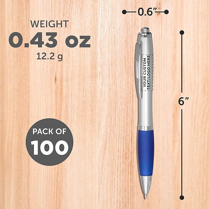 DISCOUNT PROMOS Personalized Ballpoint Pens With Rubber Grip, 100 pack Customizable Ergonomic Click-to-Write Custom Writing Pens for School with Black Ink, Blue