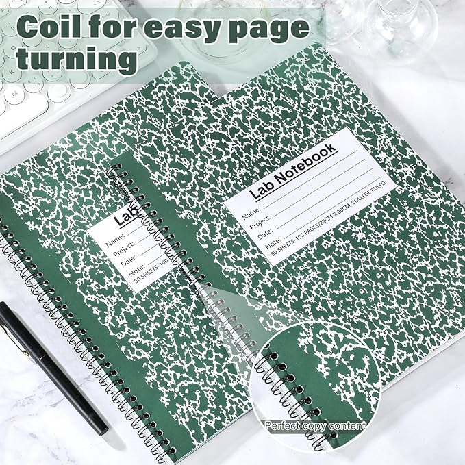 Affrolling 2 Pack Carbonless Lab Notebook Carbon Copy 8.5'' x 11'' 50 Set of Pages 100 Pages Total Laboratory Engineering Chemistry Computation Notebook Science Grid Coil Binding(Dark Green and White)