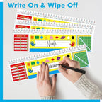 36 PCS Desk Nameplates, Double Sided PET Film Desk Name Tags with Alphabet, Numbers, Multiplication Chart, Shapes, Colors and Ruler Erasable & Reusable Traditional Manuscript Name Plate (14” x 4”)