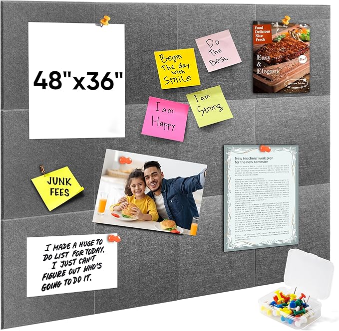 VUSIGN Large Cork Board for Wall 47"x35", 12 Pack Bulletin Board, Felt Wall Tiles with Adhesive Tabs and Push Pins, Push Pin Board for Office, School, Home, Grey