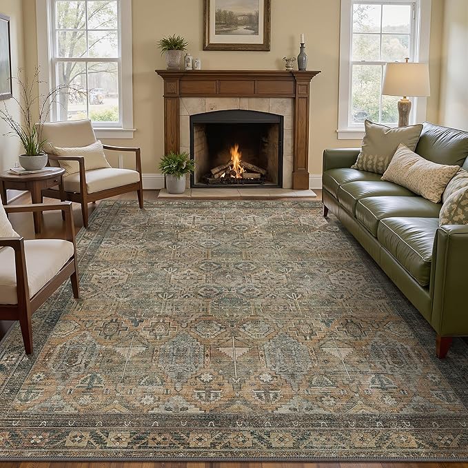 GENIMO 5x7 Area Rugs for Living Room, Machine Washable Non Slip Vintage Rugs, Low Pile Lightweight Chenille Print Rug for Bedroom, Dining Room, Home Office, Warm Taupe