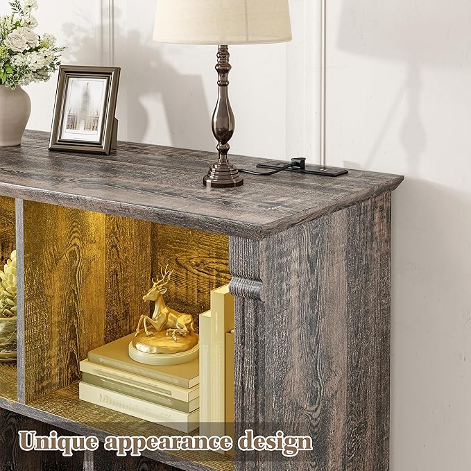 EnHomee 10 Cube Storage Organizer with LED Light and Charging Station Wood Cube Shelf Display Cabinet for Bedroom Living Room,Office,Black Oak