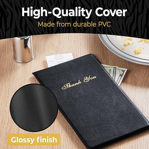 Restaurant Check Presenters - Guest Check Card Holder with Gold Thank You Imprint - 5.5" x 10" (Black, 2 Pack)